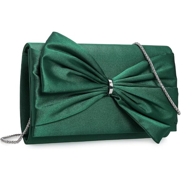 ⚡ Women's Elegant Evening Green Satin Bow Shoulder Chain Strap Clutch Handbag - Picture 1 of 6